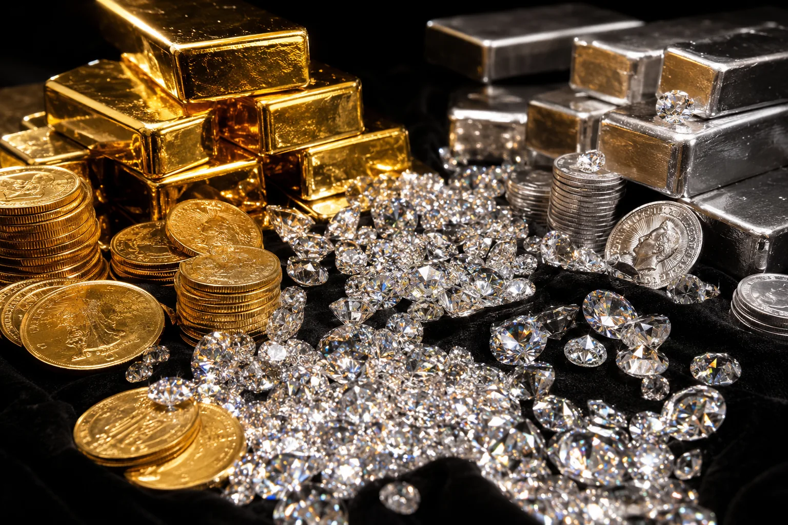 Gold bars, coins, silver and diamonds